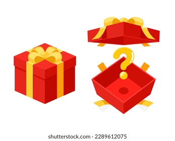 Open and Close Red mystery gift box with a yellow ribbon on white background. Random secret loot box isometric concept. Vector illustration cartoon flat design.