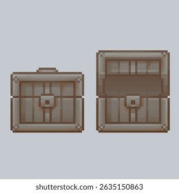 open and close rusted iron treasure chest in pixel art style