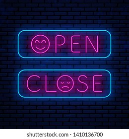 Open and Close. Set of bright neon night signs for shop, cafe, bar and more. Creative design text, open and close with emoticons in the place of the letter O. Vector night neon signboard.