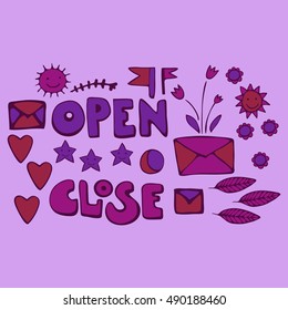 Open and close Set of isolated hand drawn elements. Colorful vector illustration.