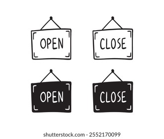 Abra y cierre el icono dibujado a mano del doodle del tablero de la muestra. Clipart de línea de signo de apertura y cierre de esquema. Ilustración vectorial