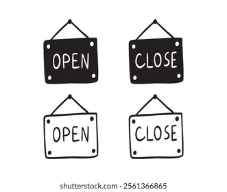open and close sign board doodle hand drawn icon. Outline drawing open and close sign line clipart symbol. Vector illustration