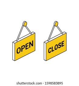 Open close sign boards. Vector line, 3d stroke isometric, color web icon, new flat style. Creative illustration design, abstract idea for infographics.