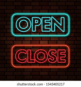 open close sign neon light text effect illustration