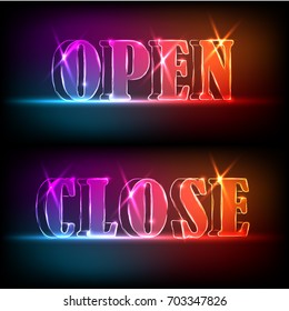 Open, close signboards. Neon effect in blue and red colors on dark background. Vector