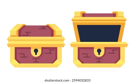 Open and close simple and clean mystery wooden chest. Treasure on isolated white background. Random a secret loot box concept. Vector illustration cartoon flat design.