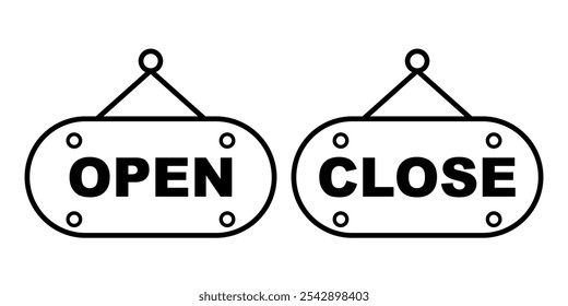 Open and close store black white icon. Hanging signs welcome door vector icon for shop, cafe, restaurant, office, supermarket, retail. Label outline symbol illustration
