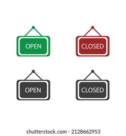 Open and close store sign template. 3 color of open and close store icon are black, red and green isolated on white background.