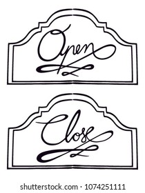 Open an close text signs. Open an close letters illustration. Black letters on white background. Calligraphy and typography word shape.