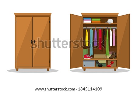 Open and close wardrobe with clothes. Closet with clothes, dresses, shirts, boxes and shoes. Natural wooden Furniture. Vector illustration