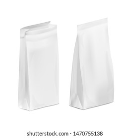 Open And Close White Blank Plastic Or Paper Packaging. Sachet For Bread, Coffee, Candys, Cookies Or Gifts. EPS10 Vector