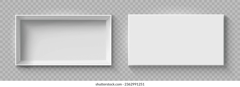 Open and close white gift boxes, white square box top view, container mockup, empty carton package, realistic paper box, open cap, empty packages mockup 3d isolated - for stock