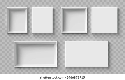 Open and close white gift boxes set, white square box top view, open cap, empty packages mockup 3d isolated, container mockup, empty carton package, realistic paper box - vector for stock