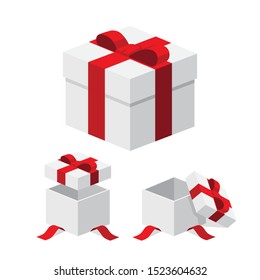 Open & close white gifts /present boxes set with red color ribbon bows flat design illustration. Isometric vector interface elements, app icon ui ux banner web invitation isolated on white background
