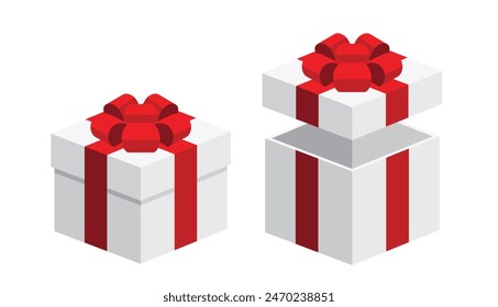 Open close white gifts present boxes with red colour ribbon bows flat design illustration. Isometric vector interface elements for app icon ui ux banner web invitation isolated on white background