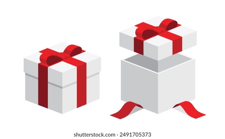 Open close white gifts present boxes with red colour ribbon bows flat design illustration. Isometric vector interface elements for app icon ui ux banner web invitation isolated on white background