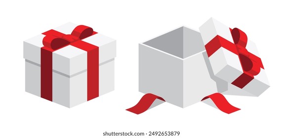 Open close white gifts present boxes with red colour ribbon bows flat design illustration. Isometric vector interface elements for app icon ui ux banner web invitation isolated on white background
