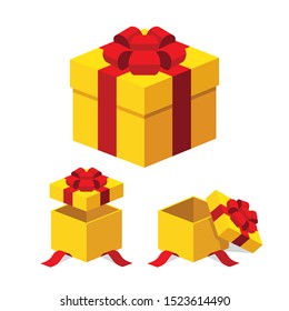 Open & close yellow gifts /present boxes with red color ribbon bows flat design illustration. Isometric vector interface elements for app icon ui ux banner web invitation isolated on white background