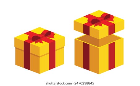 Open close yellow gifts present boxes with red color ribbon bows flat design illustration. Isometric vector interface elements for app icon ui ux banner web invitation isolated on white background