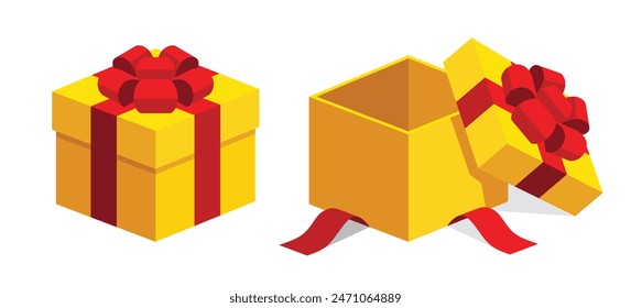 Open close yellow gifts present boxes with red color ribbon bows flat design illustration. Isometric vector interface elements for app icon ui ux banner web invitation isolated on white background