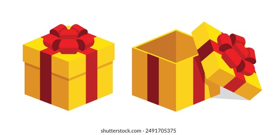 Open close yellow gifts present boxes with red color ribbon bows flat design illustration. Isometric vector interface elements for app icon ui ux banner web invitation isolated on white background