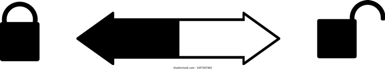 To open or close you need to turn right or left. The lock is open on the right and closed - on the left. Arrow back and forth in the middle. Vector sign silhouette.