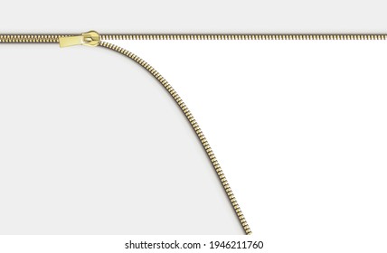 Open close zip. Realistic zipper fastener reveal vector. Metallic gold tailor zip locker with runner horizantal white background. Graphic illustration