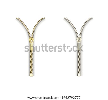 Open close zip. Realistic zipper fastener vector. Metallic gold silver white tailor zip locker. Graphic isolated illustration