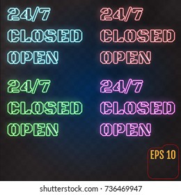 Open, Closed, 24/7 Hours Neon Light on Brick Wall. 24 Hours Night Club / Bar Neon Sign. Vector Illustration.