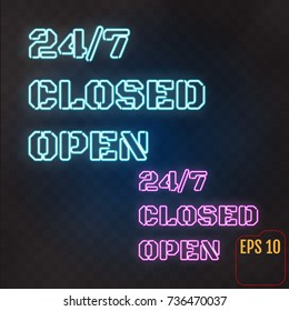 Open, Closed,  24/7 Hours Neon Light on Brick Wall. 24 Hours Night Club / Bar Neon Sign. Vector Illustration.