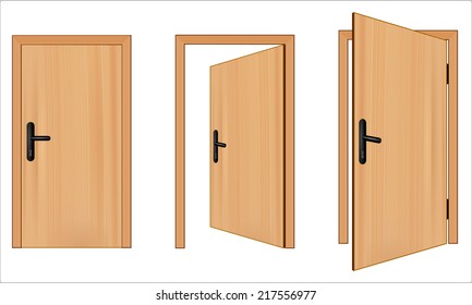 Open and closed 3d brown wooden door concept. Opening up to new opportunities. One door is opened inside and other outside. vector art image illustration, realistic design isolated on white background