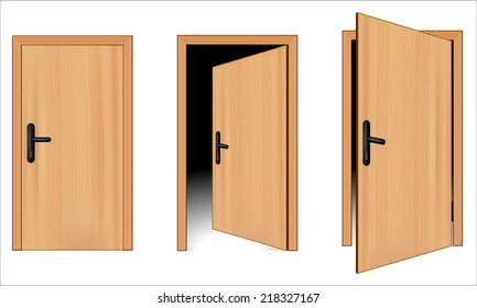 Open and closed 3d brown wooden door concept. Opening up to new opportunity. One door is opened inside and other outside. vector art image illustration, realistic design isolated on white background