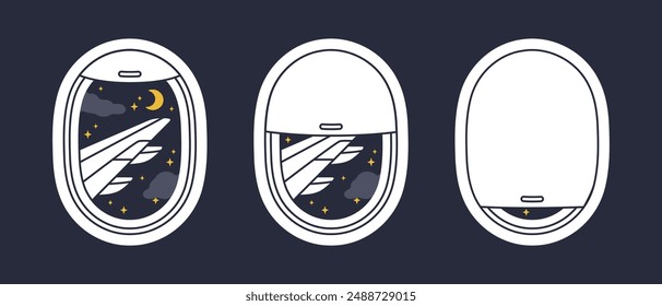 Open and closed airplane windows. Flying aircraft portholes with sky and clouds plane window view flat vector illustration set. Hand drawn plane travel skyscapes