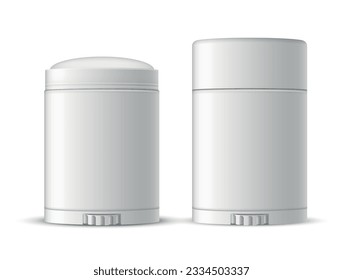 Contenedor blanco de palo antitranspirante abierto y cerrado con tapón para el parachoques skincare conjunto ilustración vectorial realista. Cilindro cosmético de cuidado corporal de la piel paquete de cilindro de belleza con tapa