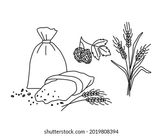 Una bolsa de harina abierta y cerrada.  Orejas de maíz.  Salten conos.  Establecer.  Ilustración vectorial para elaboración, agricultura, logo, impresión, afiche.  Estilo de doodle por contorno