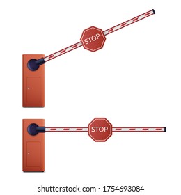 Open and closed barrier, security or entrance sign. Parking lot equipment, obstacle. Vector realistic barrier with stop sign illustration isolated on white background