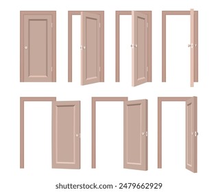 Open and closed beige interior doors. Wooden door with platband set isolated vector illustration