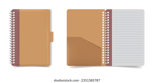 Open and closed binder notebook mockups. Notebook with a brown leather cover. The cover of the notebook and the inside of the notebook. Media for writing notes