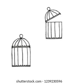 open and closed bird cages on a white background