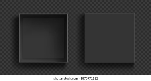 Open and closed black empty cardboard boxes. Template isolated on a transparent background. Vector mock up.