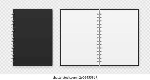 Open and closed black notepad or notebook with spiral. Vector EPS 10