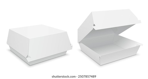 Fiambrera de papel en blanco abierta y cerrada para hamburguesa, sándwich u otra comida rápida. Plantilla de embalaje realista de Vector. Ilustración aislada sobre fondo blanco.