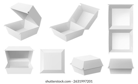 Open and closed blank paper lunch box for hamburger, sandwich or other fastfood, isolated on white background. Realistic 3d Vector illustration , packaging template.