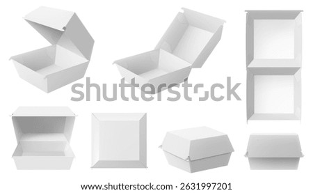 Open and closed blank paper lunch box for hamburger, sandwich or other fastfood, isolated on white background. Realistic 3d Vector illustration , packaging template.