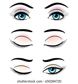 Open and closed blue female eyes isolated on white background. Vector illustration