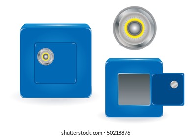 Caja fuerte azul abierta y cerrada con bloqueo combinado, aislada en blanco