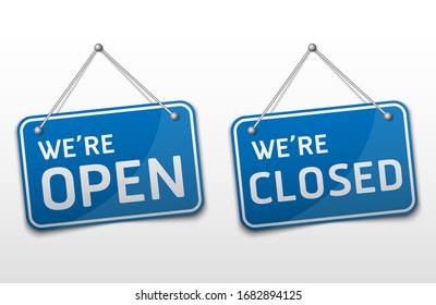 Open and closed blue sign with shadow isolated on white background, vector illustration