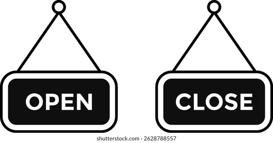 open and closed board icon. welcome sign for store cafes. Announcement banner. information signage. Signboard with a rope
