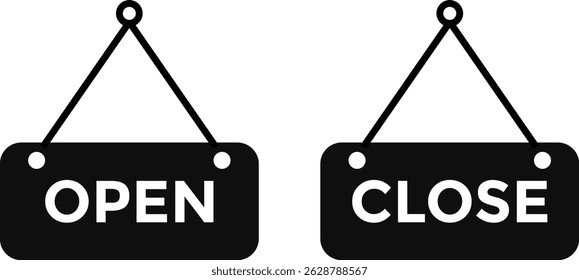 open and closed board icon. welcome sign for store cafes. Announcement banner. information signage. Signboard with a rope
