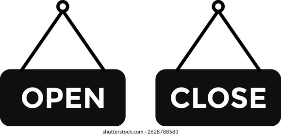open and closed board icon. welcome sign for store cafes. Announcement banner. information signage. Signboard with a rope
